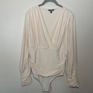 Express Women Plunging Slimming Ruched Bodysuit Neutral Long Sleeve - SZ L